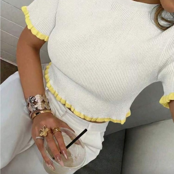 Tops - White and Yellow Ruffle Trim Top